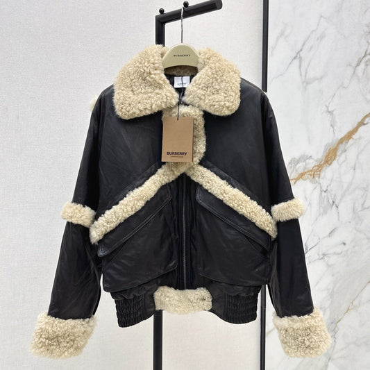 Burberry 25 Shearling-trimmed Bomber Jacket Black Cream Fur Leather