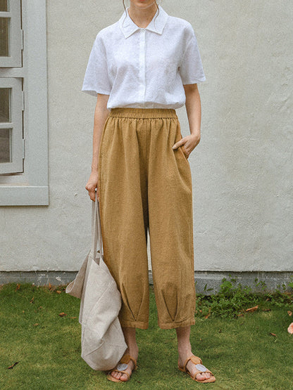 Loose Short Sleeves Buttoned Pleated Solid Color Split-Side Lapel Blouses&Shirts Tops
