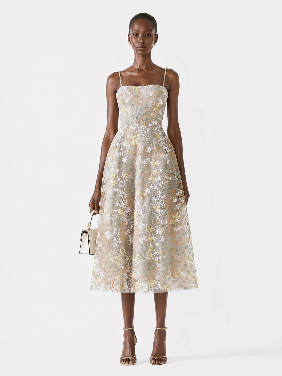 Salma Floral-Embroidered Spaghetti-Strap Midi Dress