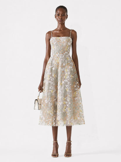 Salma Floral-Embroidered Spaghetti-Strap Midi Dress