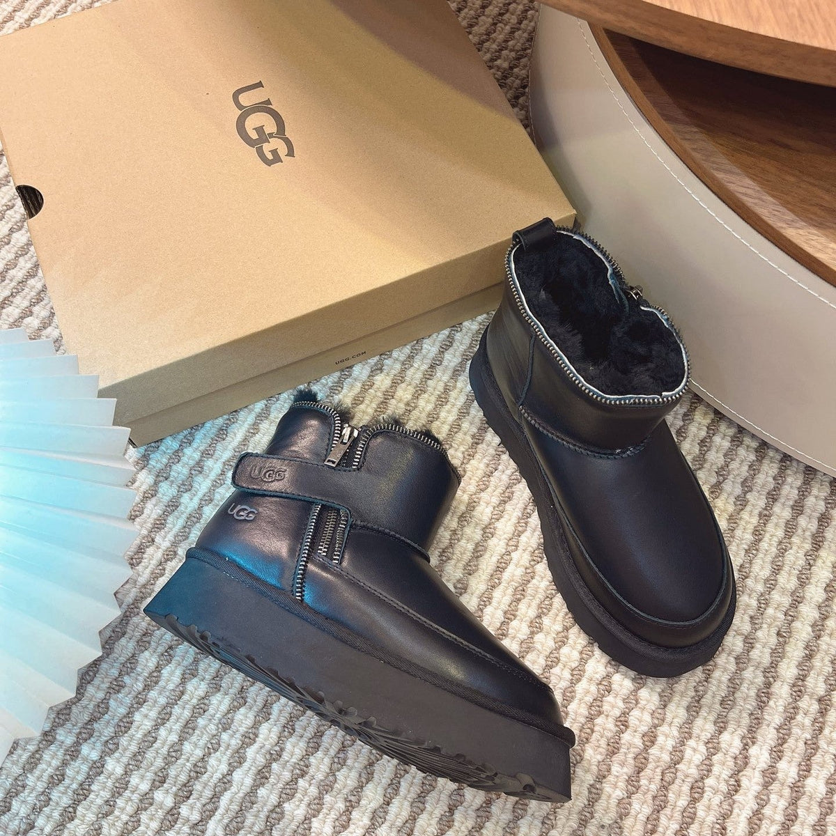 UGG Classic Rebel Biker Mini Boots Black Cowhide Fur