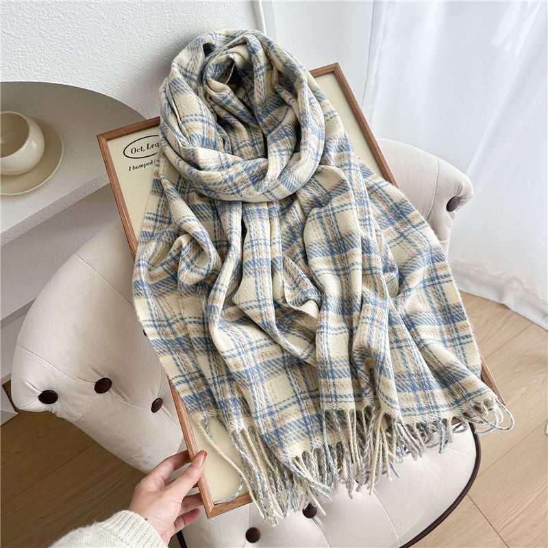 Color Block Plaid Fringe Scarf