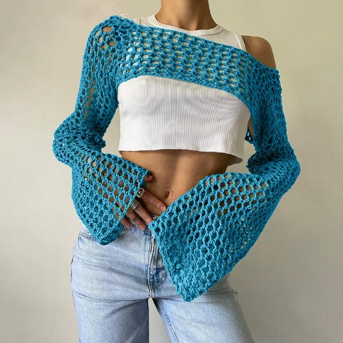 Casual Flare Sleeve Mesh Short Net Top