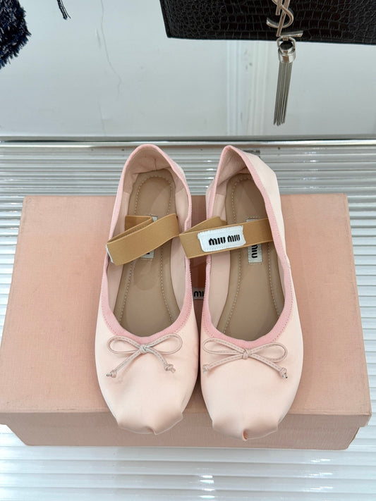 Miu Classic Bow Letter Ballet Light Pink Satin