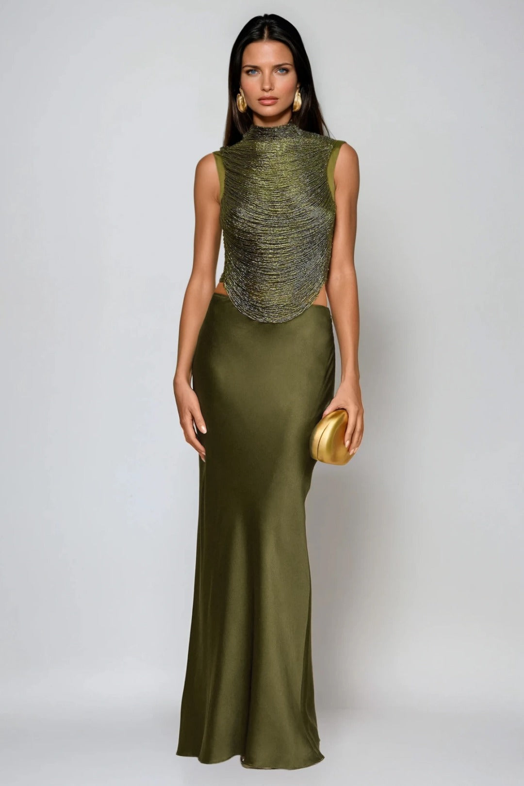 Fedde Fringe Satin Skirt Set In Olive