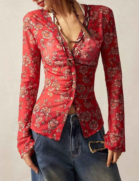 Elegant Floral Print V- Neck Long Sleeve Blouse