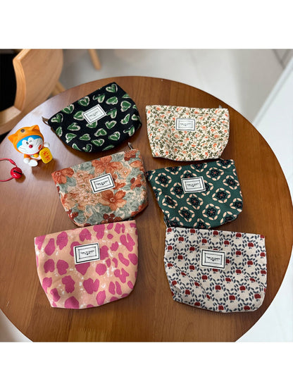 Cosbai - Corduroy Travel Cosmetic Pouch with Floral Patterns
