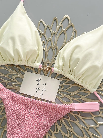 Victoria Pink and White Color-Blocked Bikini Two Piece Set
