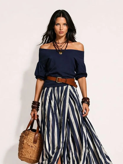 Arlette Women's Vacation-Style Off-Shoulder Top and Slit Skirt Set