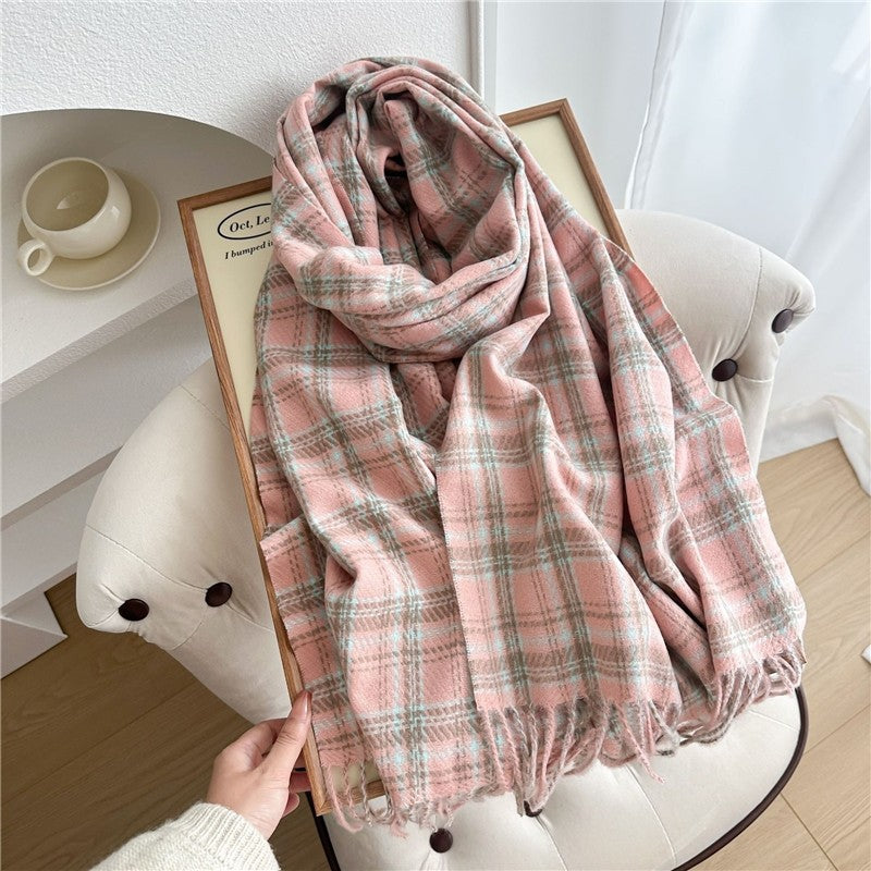 Color Block Plaid Fringe Scarf
