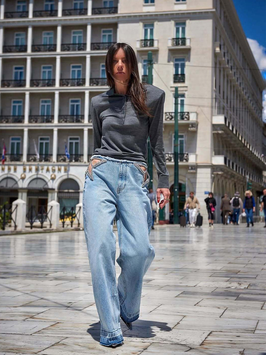 Nicolette Waist Cutout Rhinestone-Embellished Jeans