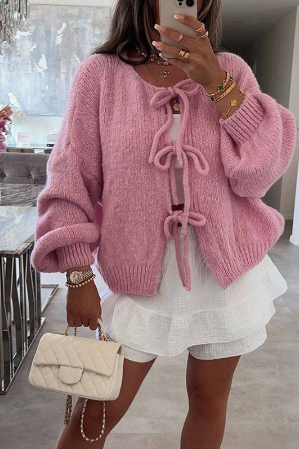 Stylish Solid Color Crew Neck Lace-up Sweater
