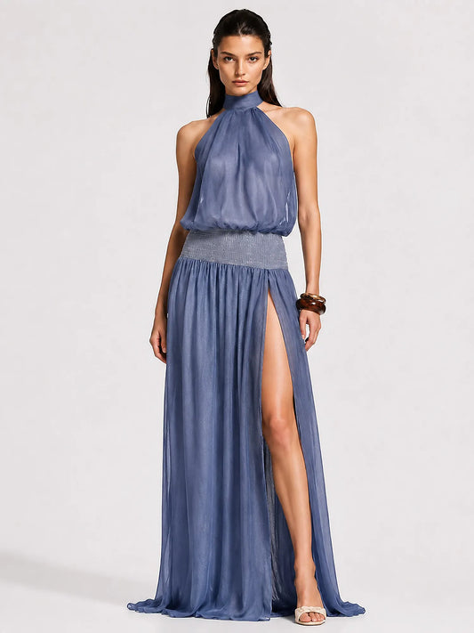 Beatrice Open-Back Halter-Neck Mesh Maxi Dress In Blue