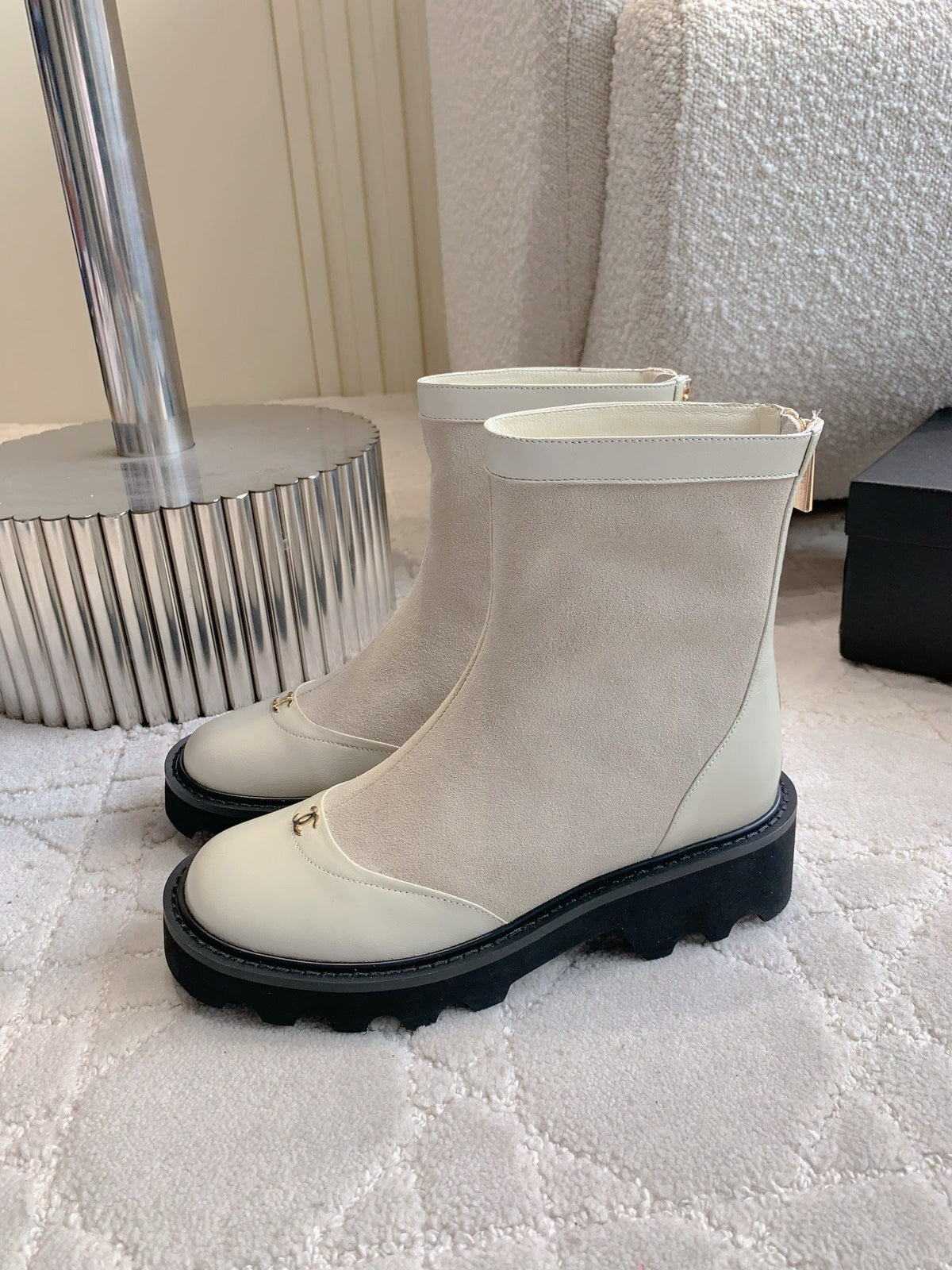 CC New Platform Ankle Boots Light Taupe Suede Sheepskin