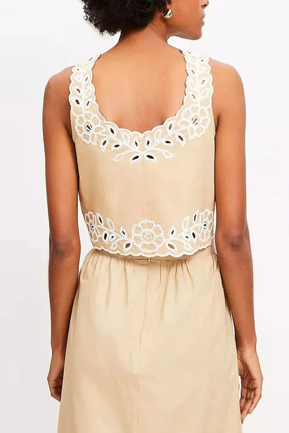 Vacation Season Floral Eyelet Poplin Tank and High Rise Elastic Waist Midi Skirt
