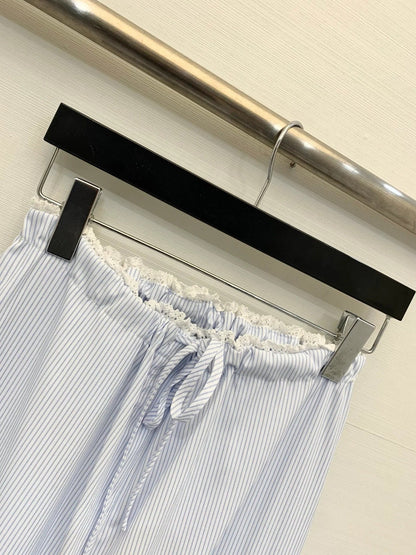 Chanel 2026 Striped Lace-trimmed Trouser Light Blue Cotton