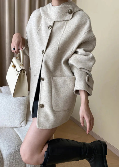 Wool Blend Hooded Cape Coat With Pockets
