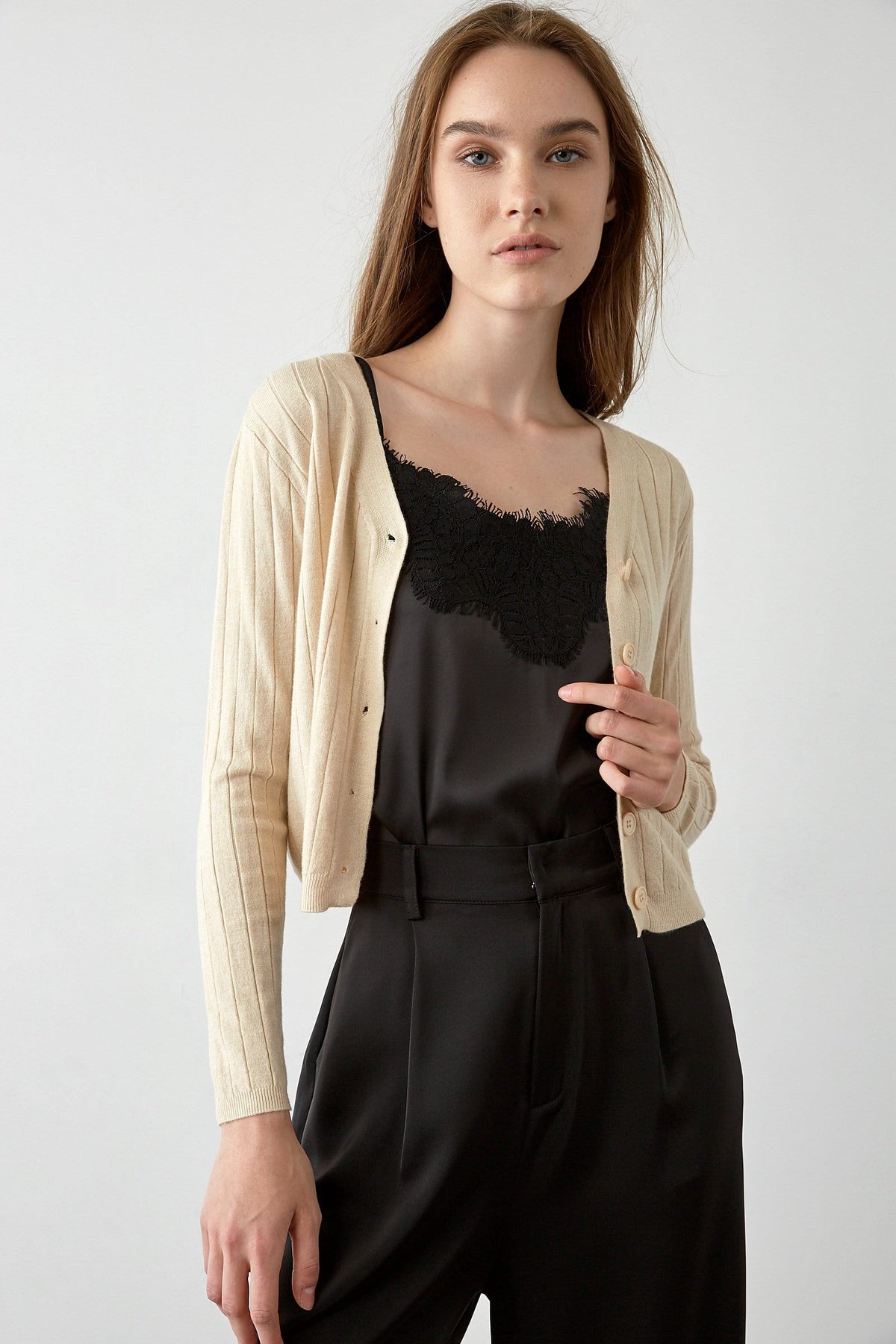 Abril Beige Button-Up Cardigan