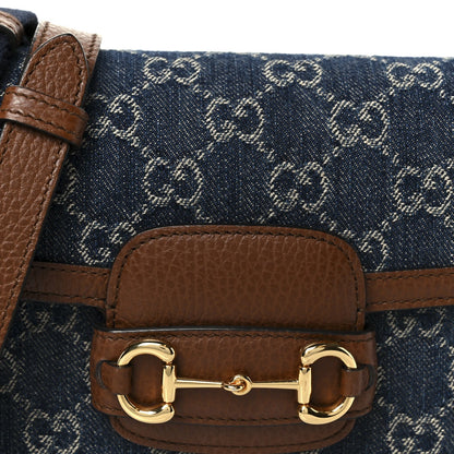 New Denim GG Monogram Dollar Calfskin Web Mini Horsebit 1955 Shoulder Bag Blue Tea Cuir Epilog