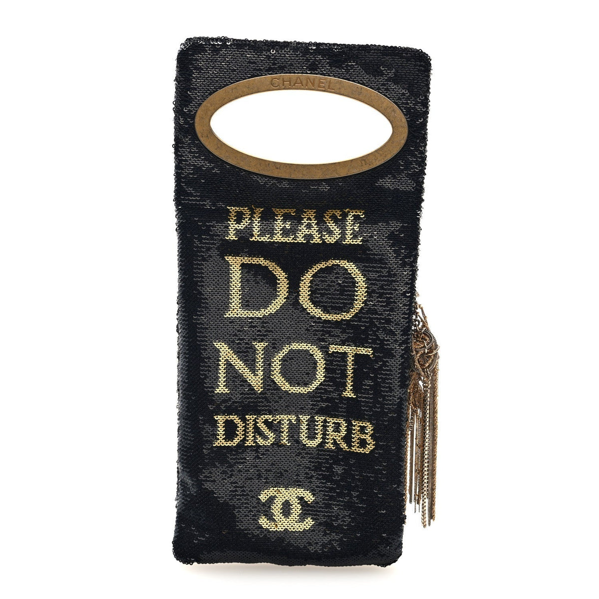 Sequin Do Not Disturb Minaudiere Clutch Black Gold
