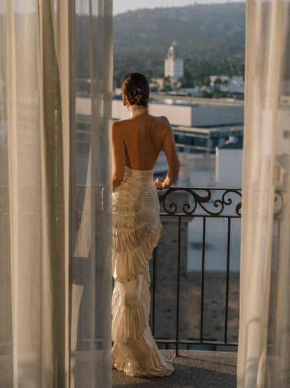 Selene Ruched Halter Satin Maxi Dress in Champagne