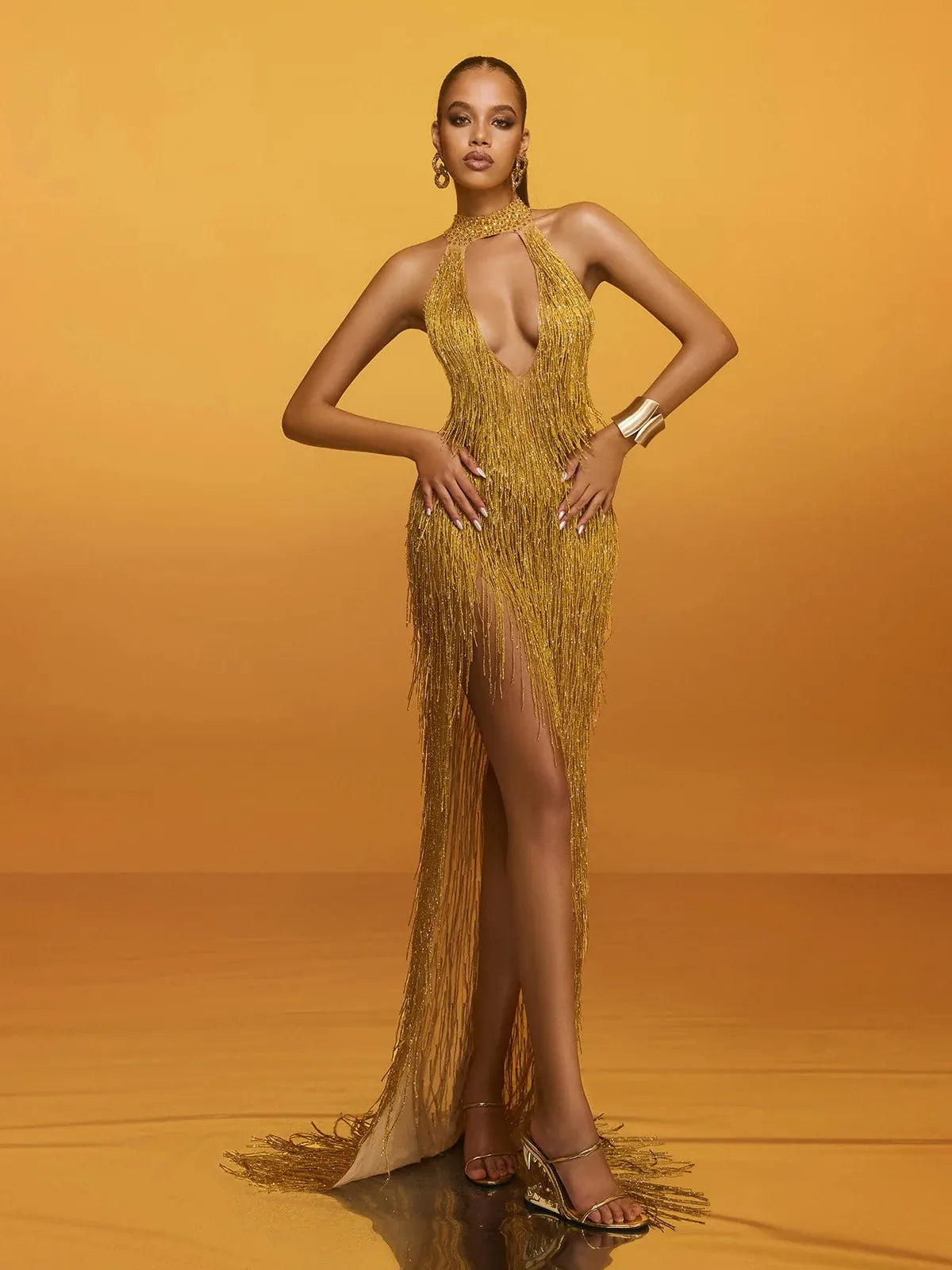 Elvrik Halterneck Fringe Cutout Split Maxi Dress