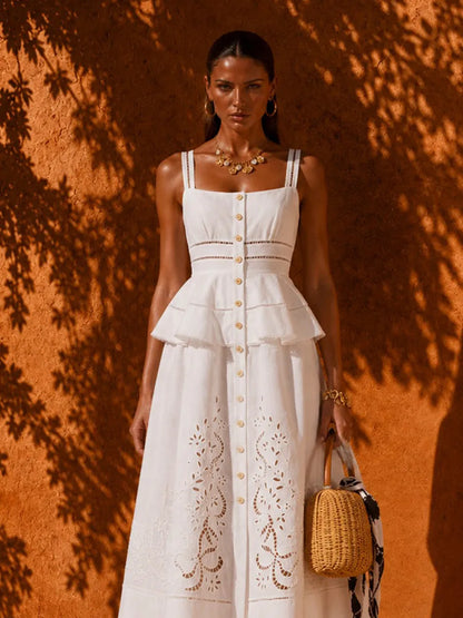 Coraline Button-Front Ruffled Lace Midi Dress
