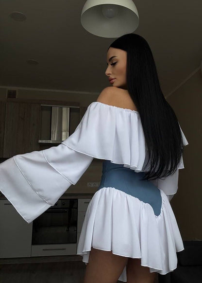 Off Shoulder Ruffle Sleeve Two Tone Mini Dress