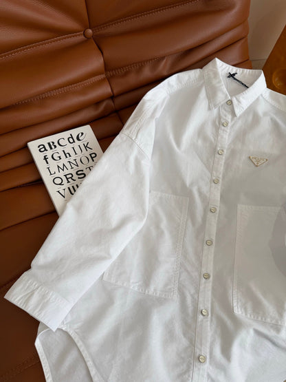 Prada 25 Long Sleeve Shirt With Triangle Logo White Cotton