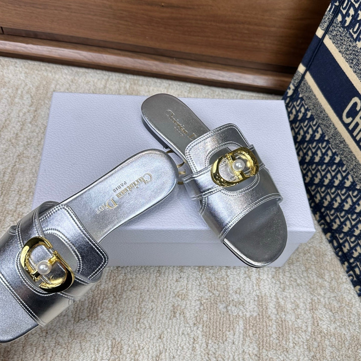CD Montaigne Sandals Metallic Silver in Calfskin 598166