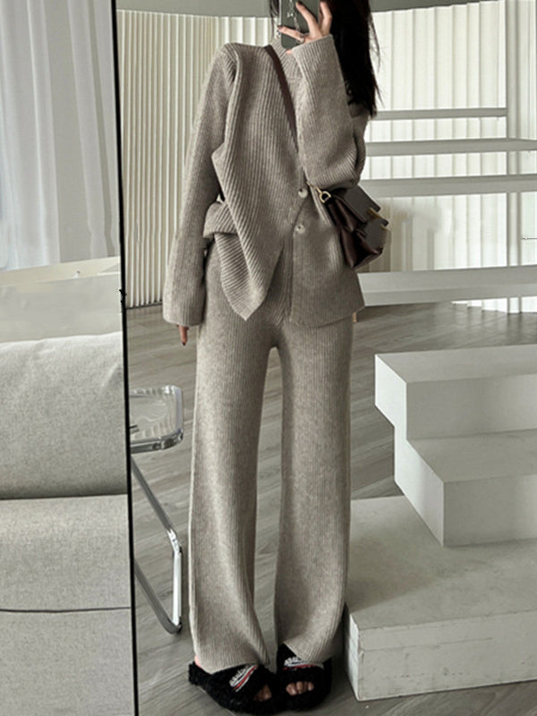 Casual Loose Solid Color Half Turtleneck Sweater Tops & Wide Leg Pants Suits
