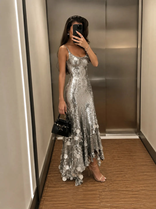 Celestia Mirror Sequin Maxi Dress in Silver