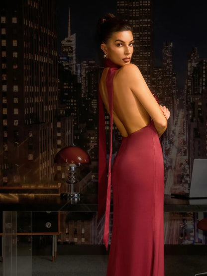 Calista Plunge Neck Satin Sequin Maxi Dress