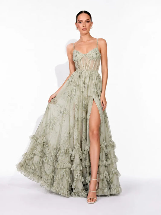 Annabel Ruffled Slit Maxi Dress In Green