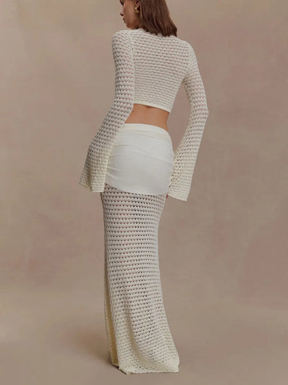 Luna Crochet Gold-Button Two-Piece Maxi Set