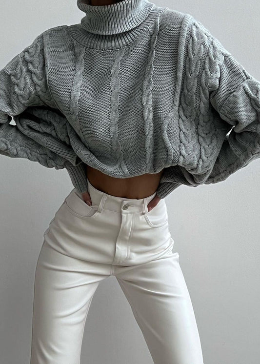 Cable Knit Cropped Turtleneck Sweater Chunky Knit