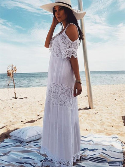 Spaghetti-Strap Lace Hollow Solid Beach Swimwear Maxi Dresses