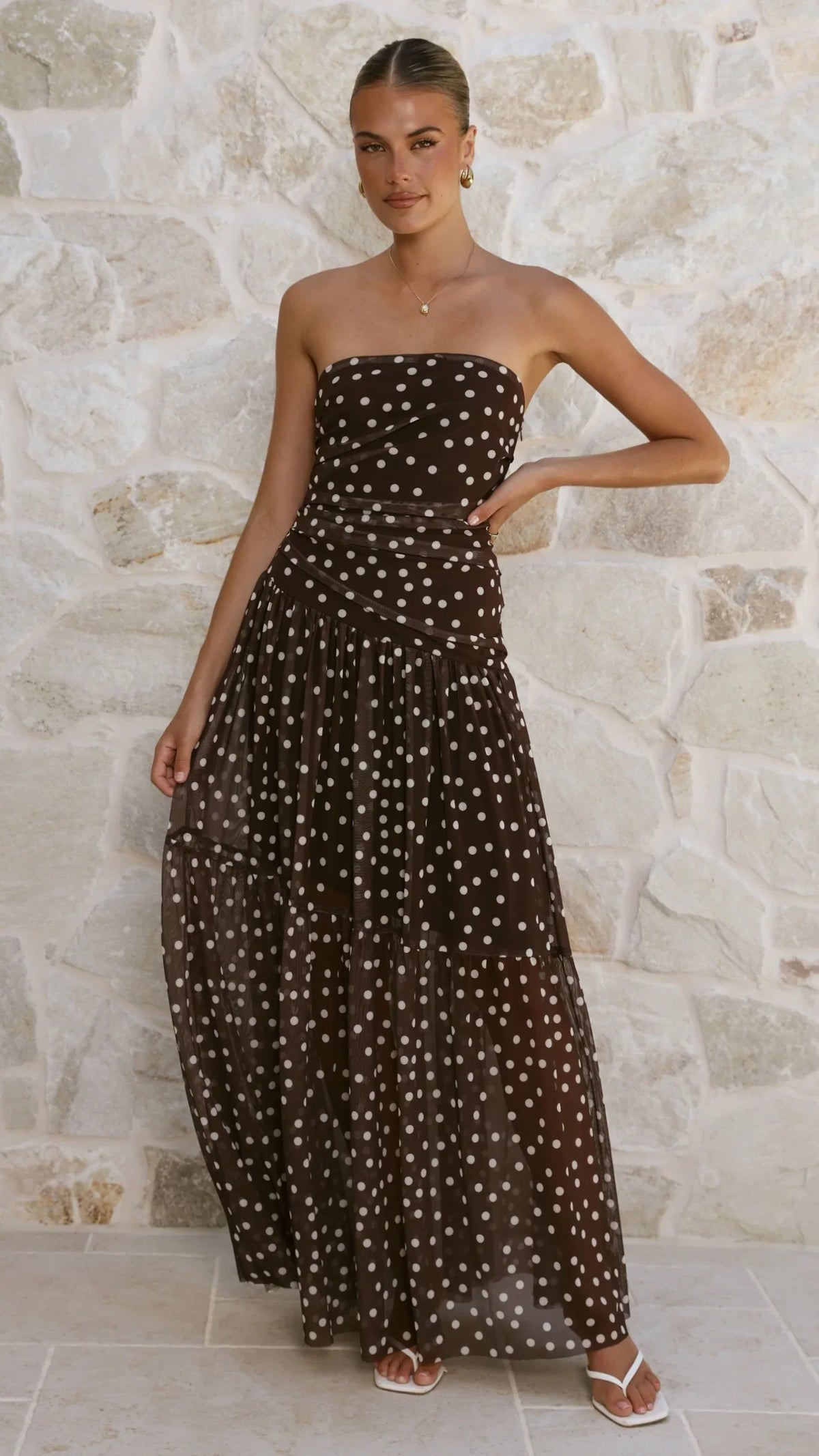 Riko Strapless Maxi Dress - Chocolate Polka