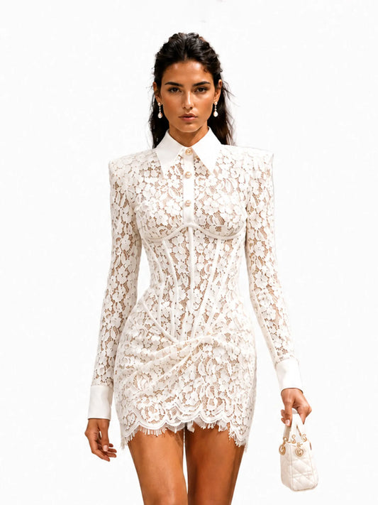 Olive Elegant Long-Sleeve Lace Mini Dress