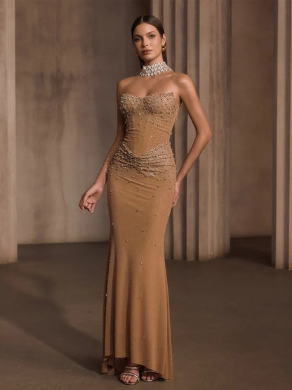 Malia Strapless Rhinestone Corset Maxi Dress