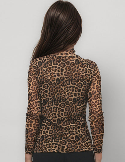 Leopard Print HIgh Collar Slim Fit Sexy Mesh Top