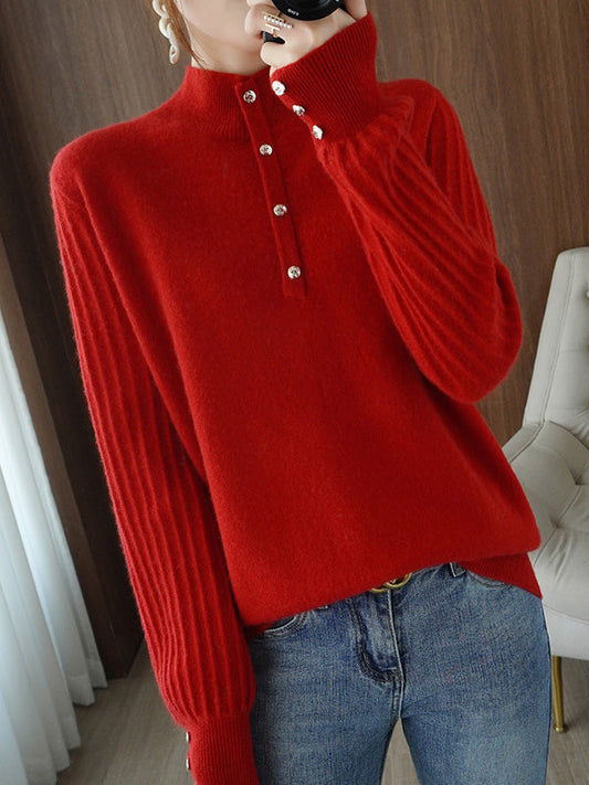Casual Puff Sleeves Long Sleeves Solid Color Half Turtleneck Sweater Tops