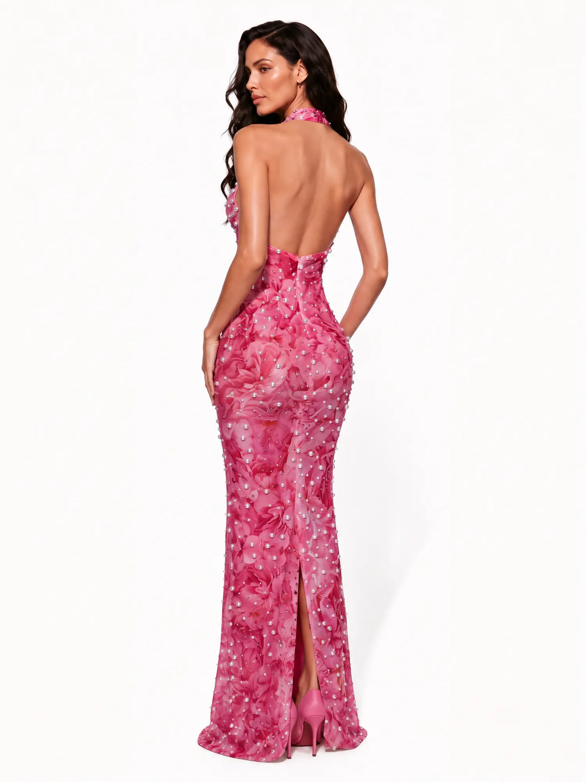 Lorelei Pearl-Embellished Floral Halter Maxi Dress