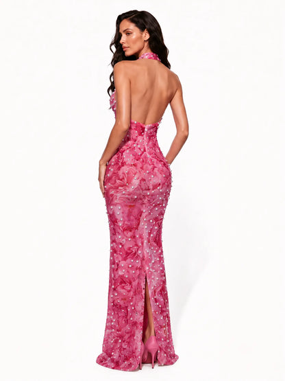 Lorelei Pearl-Embellished Floral Halter Maxi Dress