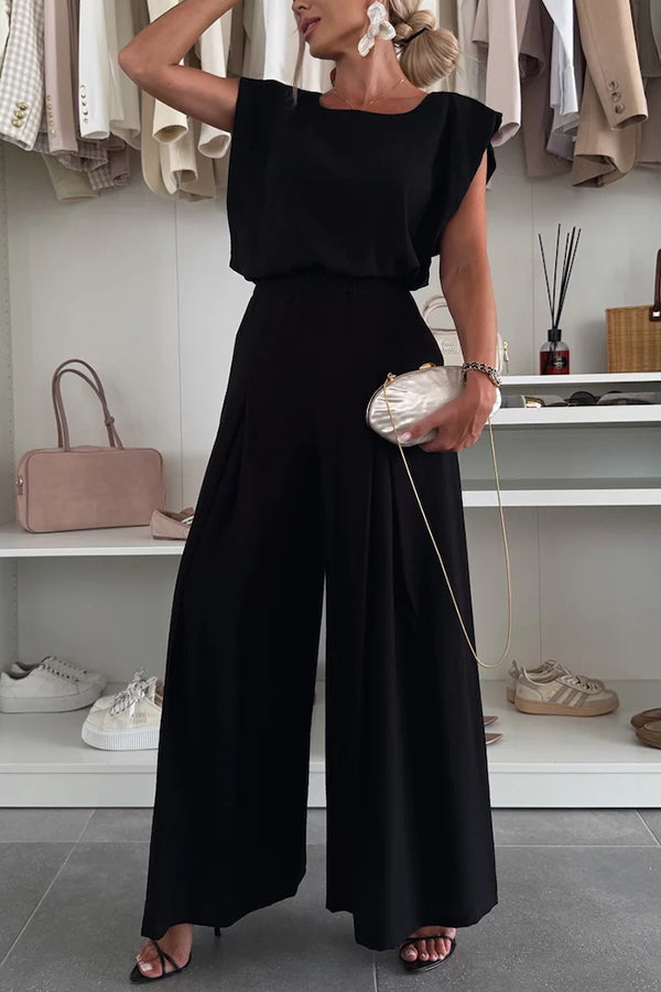 Santie Round Neck Cape Sleeve Loose Top and Elastic Waist Pocket Wide Leg Pants Set