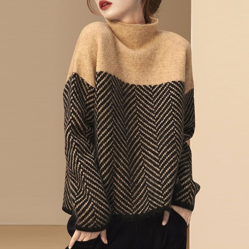 Loose Fit Colorblock Half Turtleneck Sweater