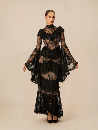 Elina Tiered Ruffle Sheer Lace Maxi Dress