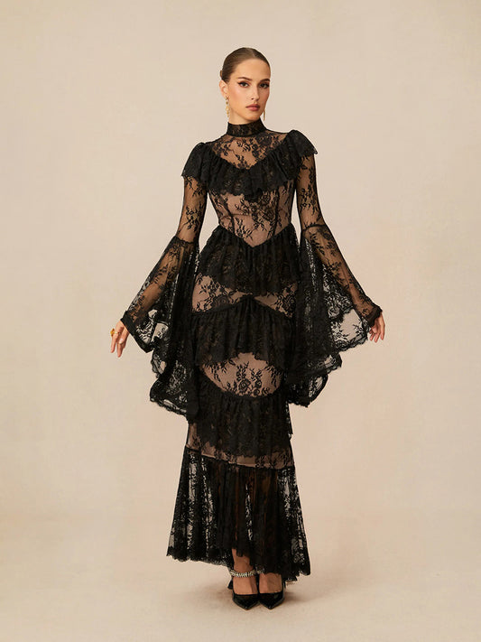 Elina Tiered Ruffle Sheer Lace Maxi Dress
