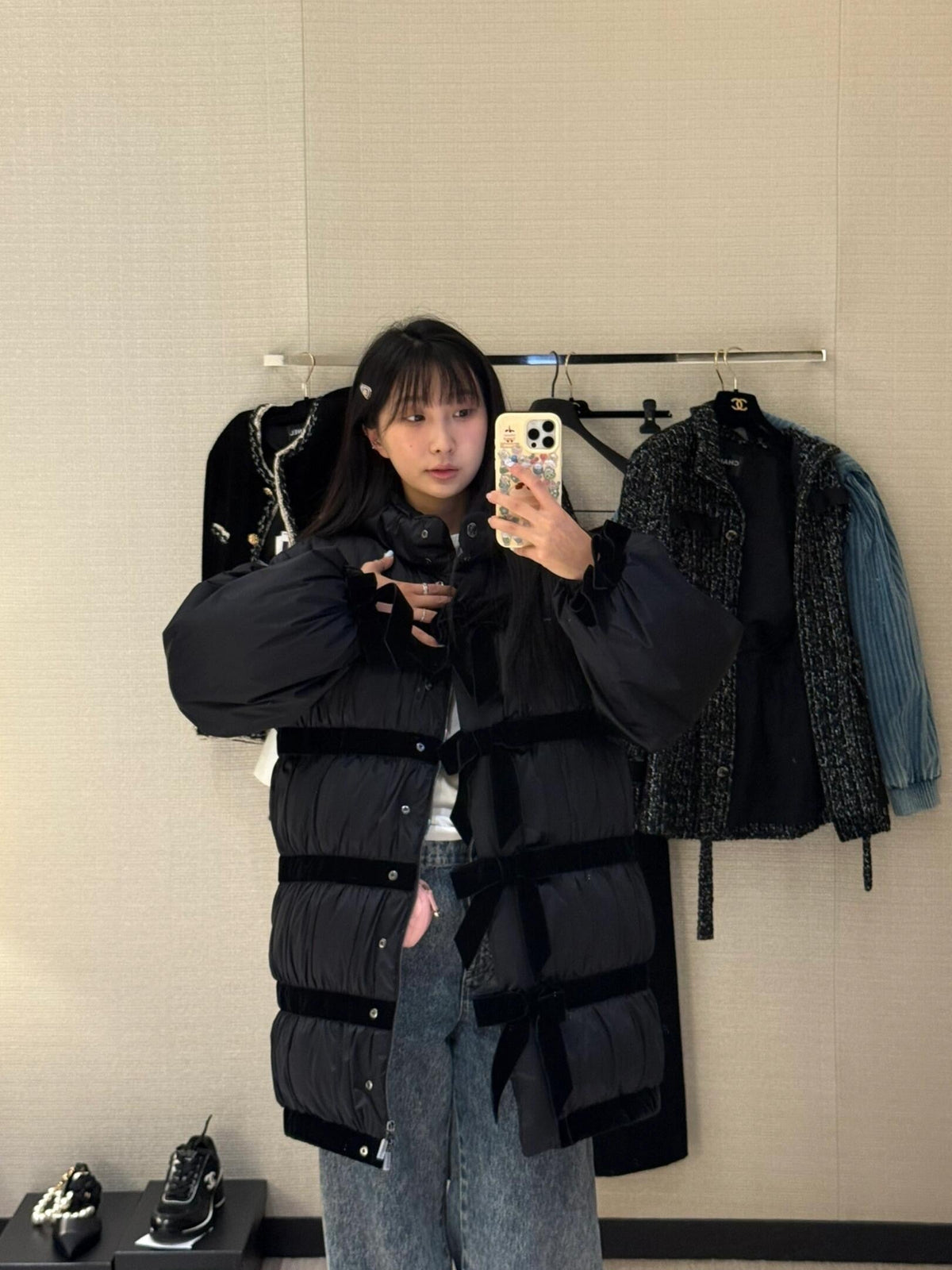 CC Velvet Bow-Tie Long Down Black Jacket