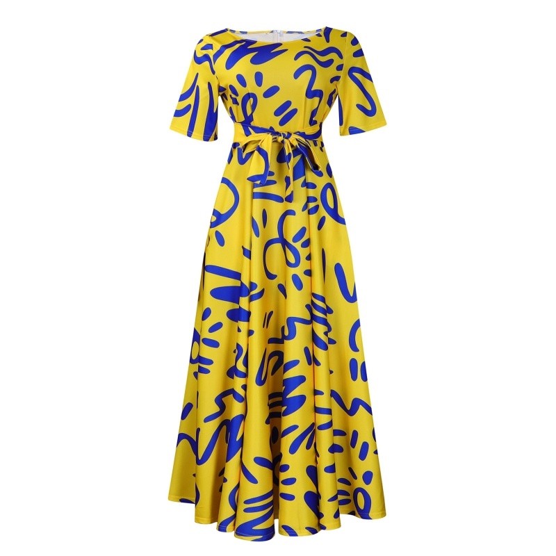 Printed Short Sleeve Flared Dress